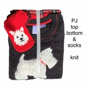 Kids PJ Set Long Sleeve Top, PJ Bottom & Fuzzy Socks Scottie Dog Polyester